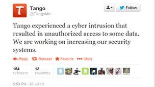 Screengrab of Tango Twitter update