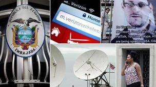 Ecuadorian embassy, Verizon wi-fi, Snowden poster, woman on a phone. GCHQ satellites