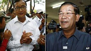 Sam Rainsy, left, and Hun Sen at polling stations