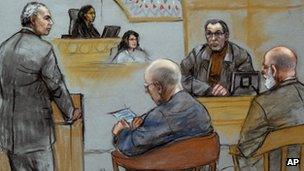 Court sketch of James "Whitey" Bulger in court with Steve "The Rifleman" Flemmi on the stand in Boston, Massachusetts on 19 July 2013