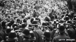 Police and miners at a demonstration at Orgreave Colliery, South Yorkshire, 1984