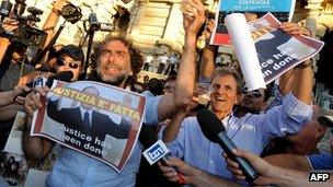 Opponents of Silvio Berlusconi celebrate court ruling. 1 Aug 2013