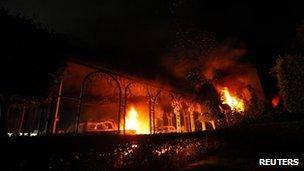 US Consulate in Benghazi is seen in flames 11 September 2012