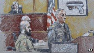 Maj Nidal Hasan and other court figures in a courtroom sketch from Tuesday 6 August 2013