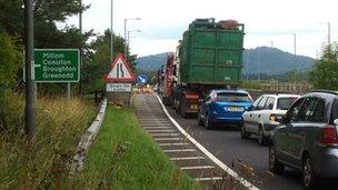 Queuing traffic on the A590 at Greenodd