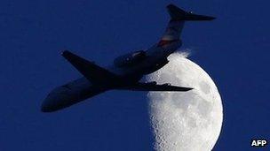 A commercial plane flying in front of the moon