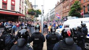 Police faced a large protest in Belfast city centre on Friday