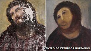 Elias Garcia Martinez's Ecce Homo (left) and the restoration