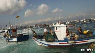 Spanish fishermen gather at La Linea Port ahead of the protest