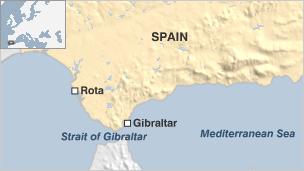 Map showing Gibraltar and Rota