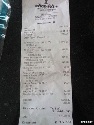 Beyonce's Nando's receipt