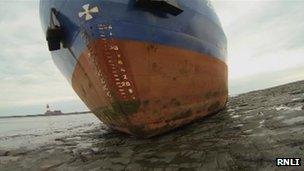 The Danio stranded out of the water near Longstone Lighthouse