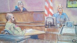 In this courtroom sketch defence witness Stephen Bennett, right, testifies as Maj Nidal Malik Hasan, left, and presiding judge Col. Tara Osborn look on in court during Hasan's court-martial in Fort Hood, Texas on 20 August 2013