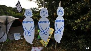 Placards set up by activists after arrests took place during two days of action