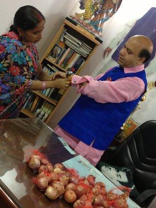 Politician Vijay Jolly has been celebrating the Hindu festival of Rakhi with onions instead of sweets