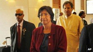 UN Human Rights Commissioner Navi Pillay arrives at a hotel in Colombo, Sri Lanka on 25 August 2013