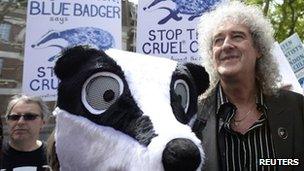 Brian May leads a protest against the cull of tuberculosis-infected badgers in central London