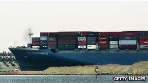 File pic container ship passes through Suez Canal at Ismailiya