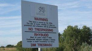 Warning sign near the former Firestone site on Wrexham Industrial Estate