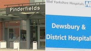 Pinderfields Hospital entrance and Dewsbury Hospital sign