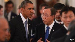 US President Barack Obama speaks to UN secretary general Ban Ki-Moon