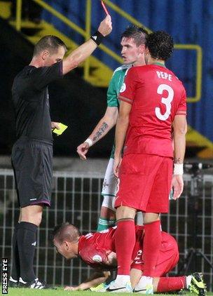 Northern Ireland's Kyle Lafferty was sent off in the match against Portugal