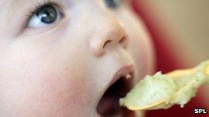 Baby being fed using a spoon