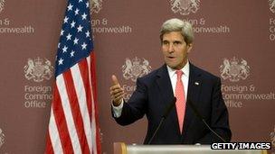 US Secretary of State John Kerry speaks during a press conference with Britain's Foreign Secretary William Hague, (not pictured) at the the Foreign and Commonwealth Office on 9 September 2013