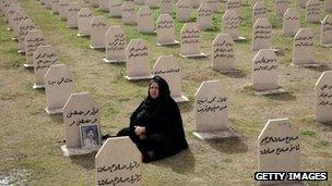 An Iraqi Kurdish woman visits the grave of a relative killed in the Halabja attack