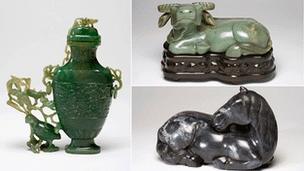 A jade vase and recumbent buffalo and horse