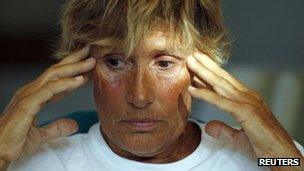 US long-distance swimmer Diana Nyad, meets with a group of fellow endurance swimmers to answer sceptics about her record-breaking crossing of the Florida Straits last week, on a conference call in Huntington Beach, California 10 September 2013