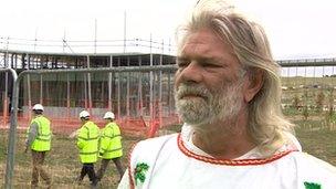 King Arthur Pendragon at the building site of the new Stonehenge tourist centre