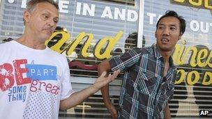 Restaurant owner Oui Suthamtewakul, right, and Michael Ritrovato speak about working with Aaron Alexis , who was once employed by Suthamtewakul, in Fort Worth, Texas 16 September 2013