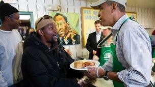 US President Barack Obama at a soup kitchen