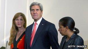 Samantha Power, ambassador to the United Nations, US Secretary of State John Kerry and Susan Rice, US ambassador to the United Nations appear at a meeting in New York on 23 September 2013