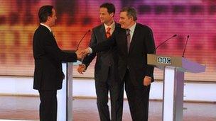 David Cameron, Nick Clegg and Gordon Brown in the 2010 live TV debate