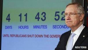 US Senate Majority Leader Harry Reid discusses the potential U.S. government shutdown next to a countdown clock, on Capitol Hill in Washington 26 September 2013