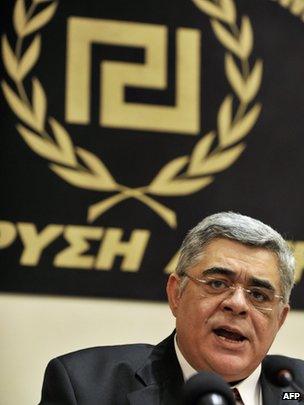 Nikolaos Michaloliakos at a news conference in Athens in May 2012