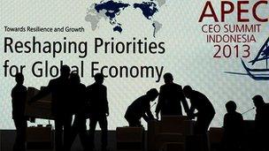 Staff at Apec set up the stage for a conference