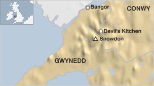 Map showing location of Devil's Kitchen and Snowdon