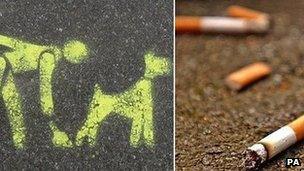 (left) A stencil on the pavement asking you to clean up after your dog, (right) cigarette butts