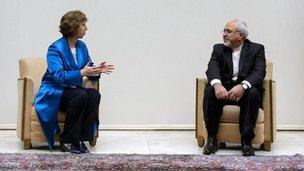 EU High Representative for Foreign Affairs Catherine Ashton talks to Iranian Foreign Minister Mohammad Javad Zarif, right, during a photo opportunity prior to the start of two days of closed-door nuclear talks