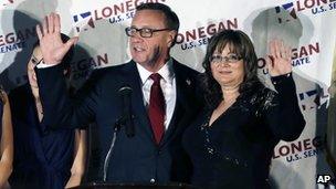 Republican senate candidate Steve Lonegan and wife Lorraine Rossi Lonegan, wave during his concession speech in Bridgewater, NJ on 16 October 2013