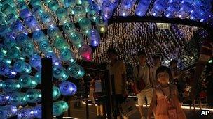 Recycled plastic bottles filled with LED lights