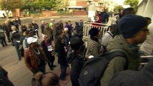 People lining up outside court