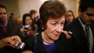 Sen Susan Collins was followed by reporters on Capitol Hill in Washington on 12 October 2013