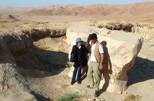 Lynne O'Donnell and a French archaeologist The anvil-shaped Zoroastrian altar of Cheshma-e-Shifa, Balkh, Afghanistan.