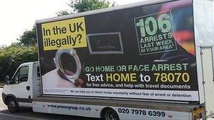 Home Office van bearing the slogan "In the UK illegally? Go home or face arrest"