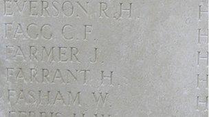 Pte Fagg's name on war memorial