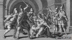 A 16th Century engraving of the murder of Julius Caesar.